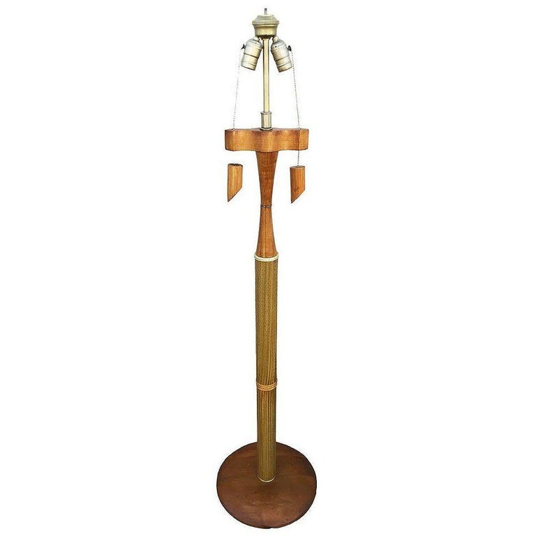 Restored High Style Koa Wood & Rattan Sculptural Floor Lamp w Ricemat Wrap, Pair