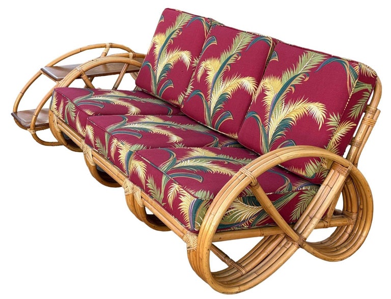 Restored Rattan 3-Strand Full Round Pretzel Sofa & Side Table Living Room Set