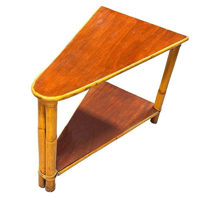 Restored Mid-century Rattan & Mahogany 2-Strand Wedge Side Table w/ Bottom Shelf