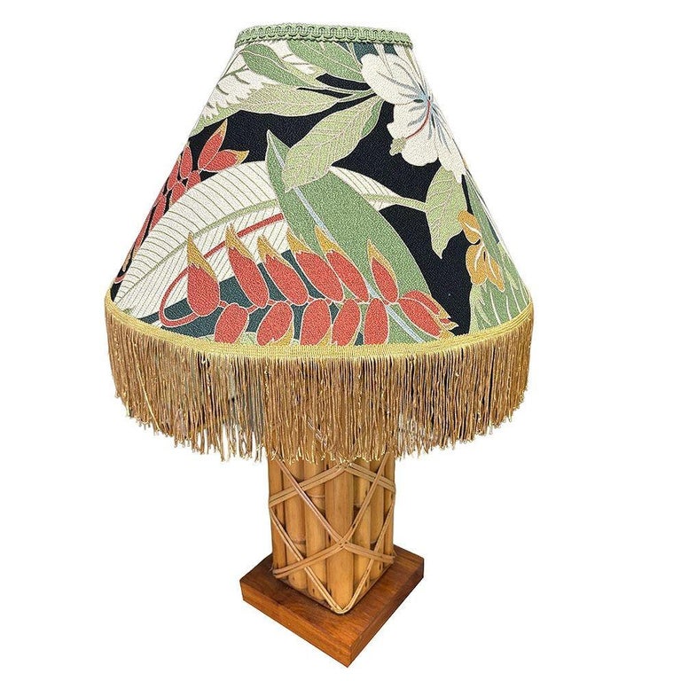 Restored Modernist Lattice Wrapped Rattan Table Lamp w/ Lamp Shade