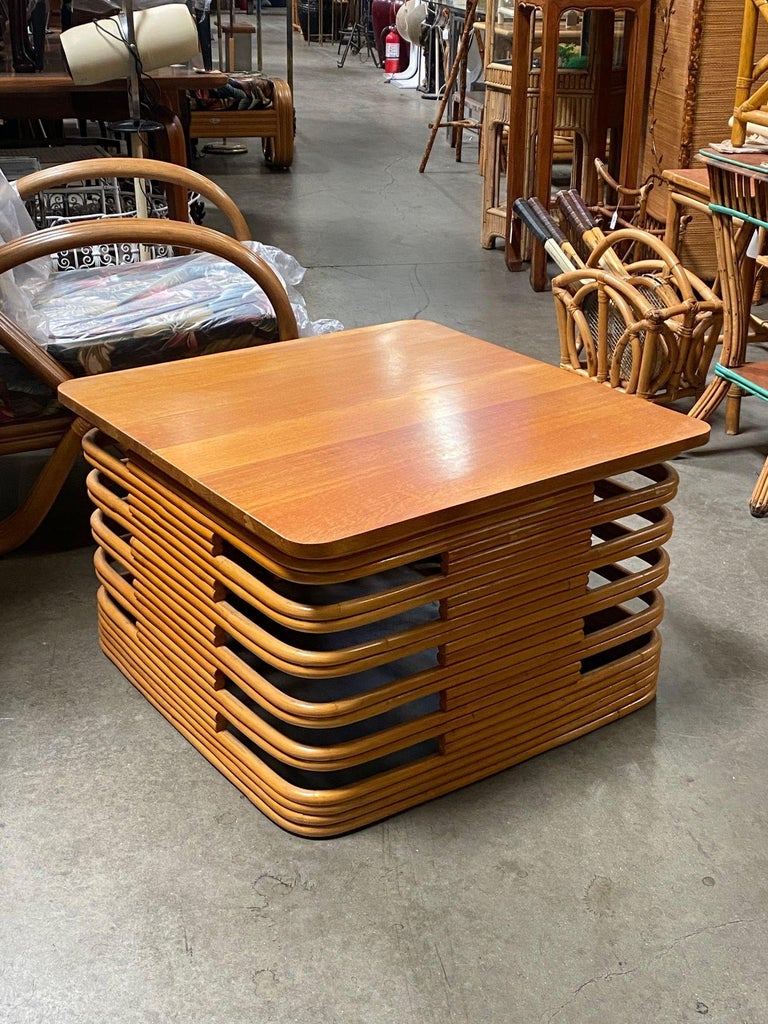 Restored Tall Stacked Rattan Coffee Table with Mahogany Top
