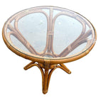 Restored MCM Modernist Rattan Hourglass Round End Table w/ Glass Top