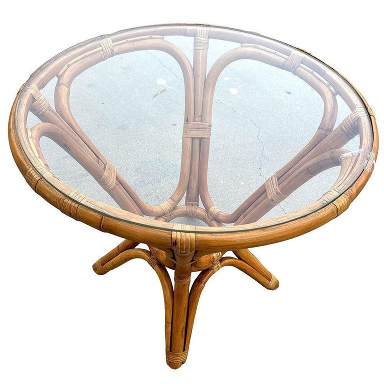 Restored MCM Modernist Rattan Hourglass Round End Table w/ Glass Top
