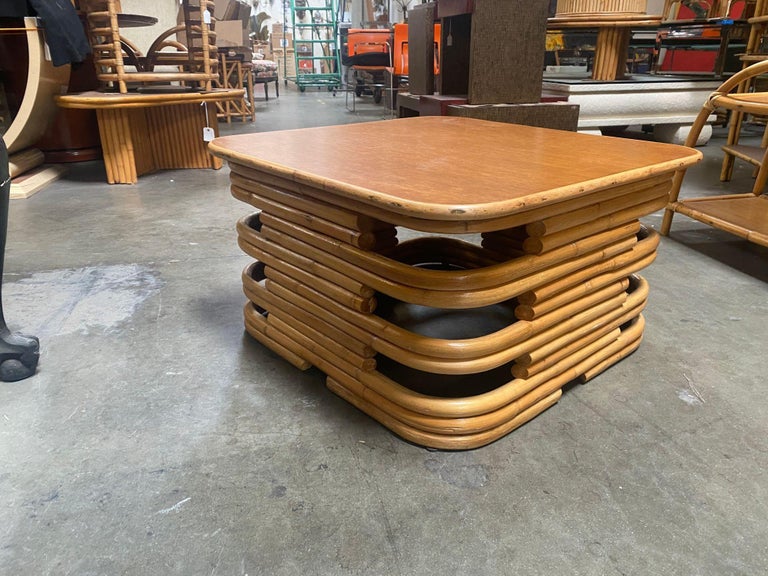 Restored 1940's Stacked Rattan Coffee Table w/ Rattan Wrapped Mahogany Top