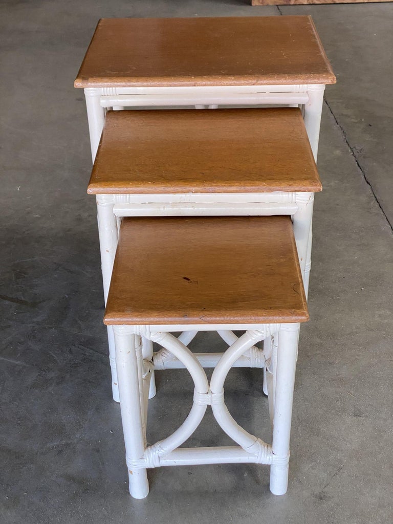 Mid-Century Set of 3 Whited Rattan Nesting Side Tables w/ Mahogany Top
