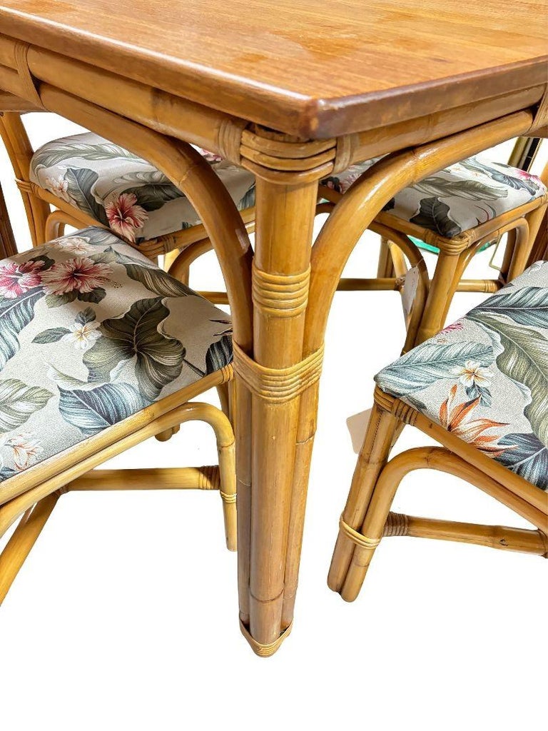 Restored Rattan Sapele Ribbon Mahogany Dining Table w/ Stacked Rattan