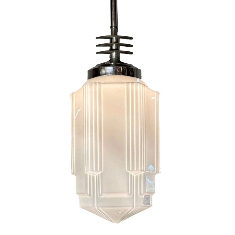 Art Deco Chrome Streamline Pendant Light w/ Skyscraper Milk Glass Shade