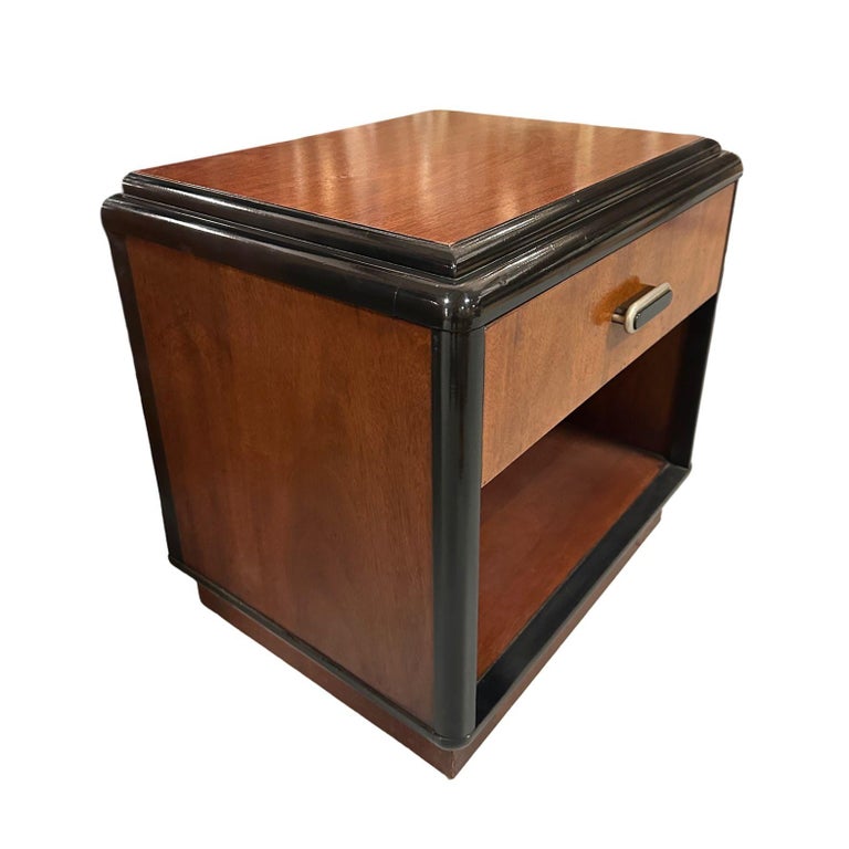 Pair of Two Toned Art Deco Cherry Wood & Lacquer Bedside Tables w/ Stepped Top