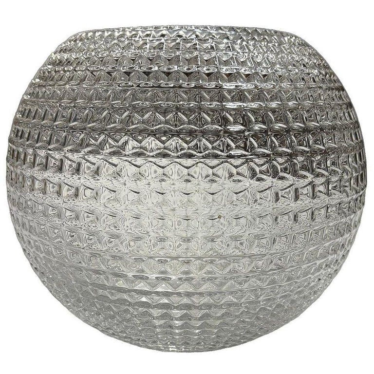 High Style Mid Century Diamond Pattern Studded Spherical Glass Plant Vase