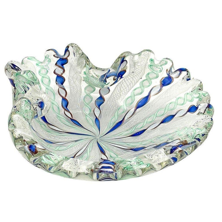 MCM Zanfircio Murano Art Glass Shell Dish Green Latticino Ribbons by Salviati
