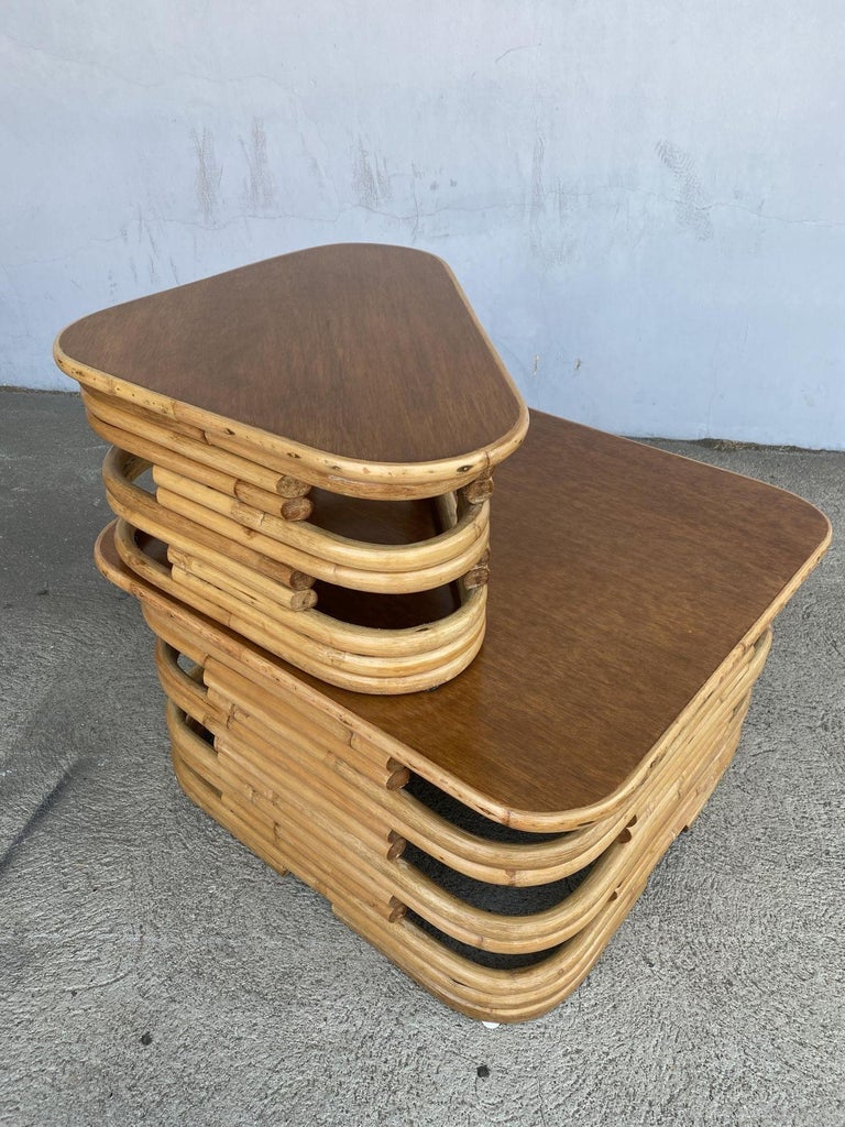 Restored Stacked Two-Tier Rattan Corner Side Table