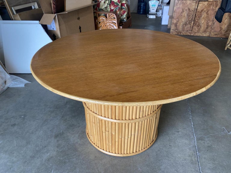 Restored Round Stacked Rattan Pedestal Dining Table Mahogany Top