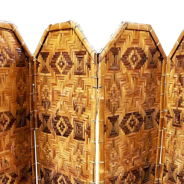 Restored Bamboo & Woven Wicker 4 Panel Folding Screen , 1920