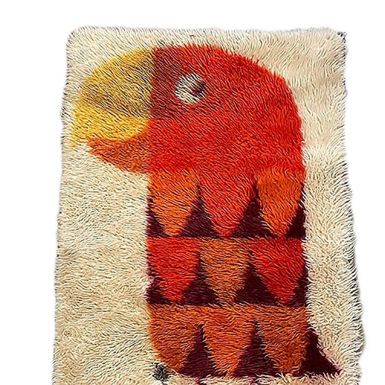 Mid-century 3' Foot Hand-Hooked Bird Tapestry Rug Wall Hanging