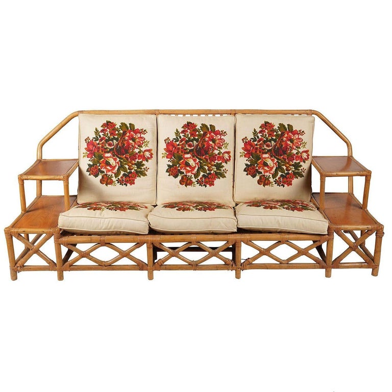Rare MCM Stepped Rattan Sofa Chair Ottoman Livingroom Set w/ Built in End tables