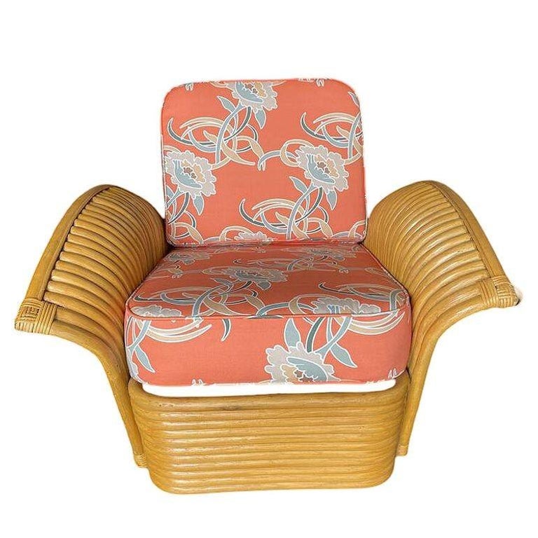 Restored Pair of "Golden Girls" Art Deco Rattan Fan Arm Lounge Chairs