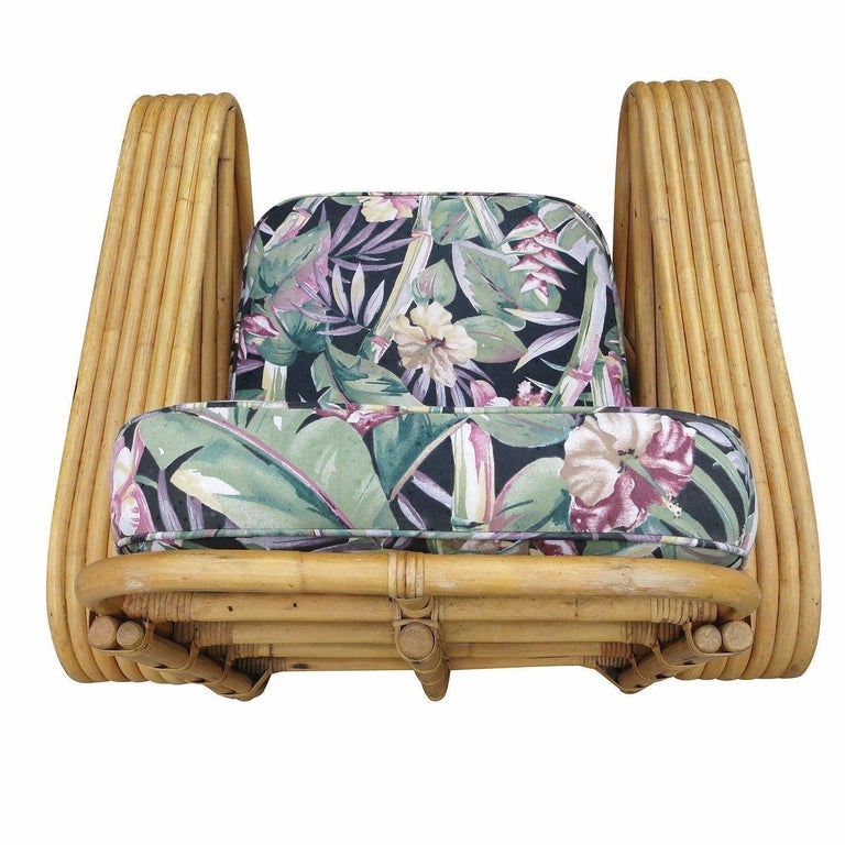 Restored Paul Frankl Style Six-Strand Square Pretzel Rattan Lounge Chair Ottoman