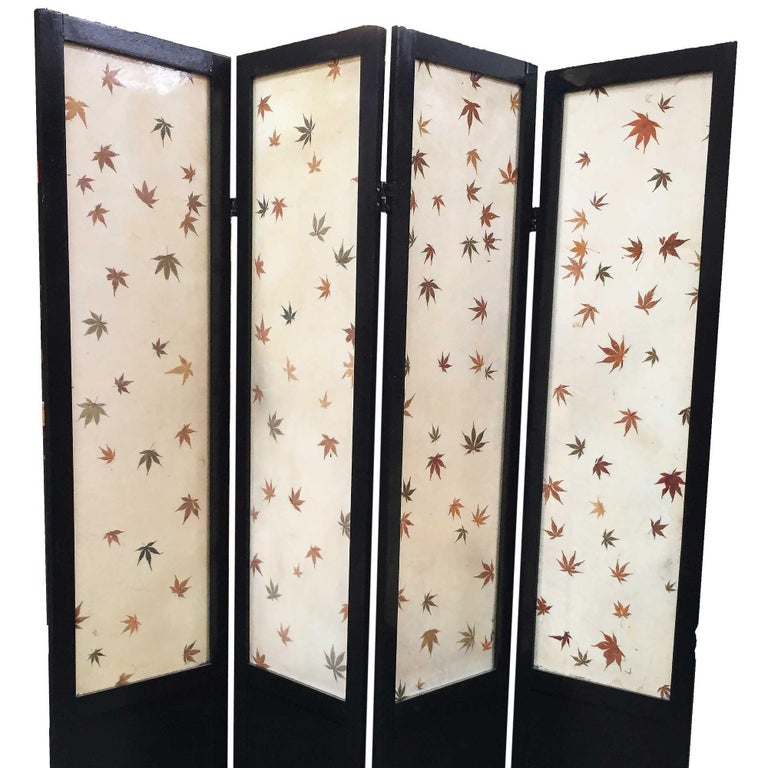 Black Lacquer Folding Screen w/ Fiberglass Maple Leaf Inserts