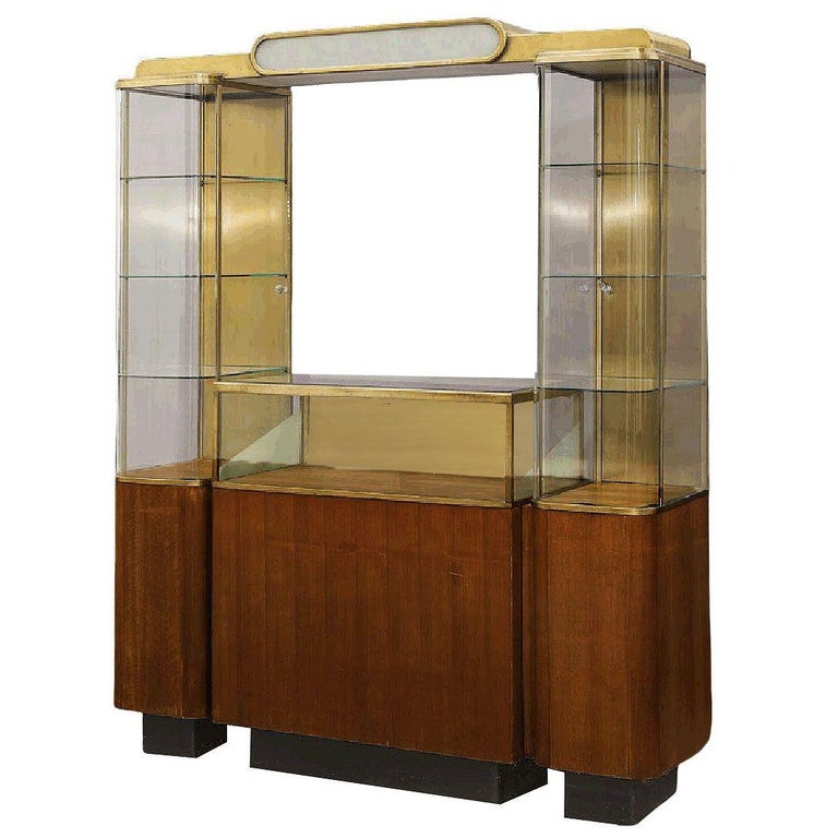 Rare Streamline Art Deco Brass & Oak Double Tower Display Case by Parker Pens