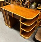 Streamline Mahogany and Rattan Writing Desk with Rattan Pulls & Shelf