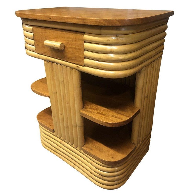 Restored Frankl Inspired Stacked Rattan Streamline Side Table w/ Floating Shelf