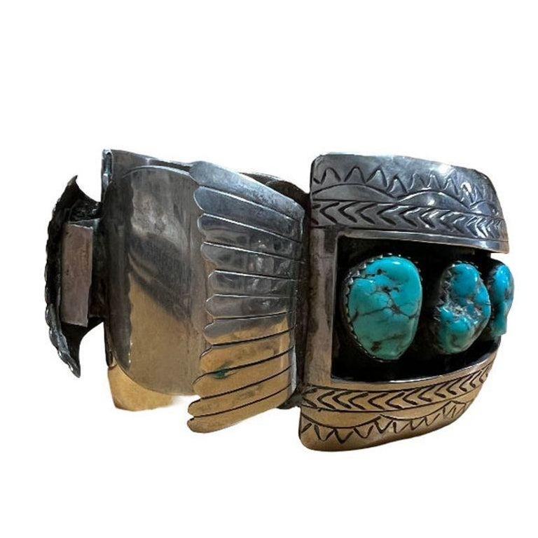 Silver Navajo Watchband Cuff w/ Bisbee Torqouise, Hyson Craig Style