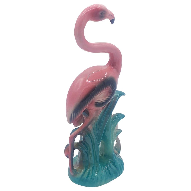Mid-century Mother & Daughter Pink Flamingo Ceramic Tabletop Statue By Leftons