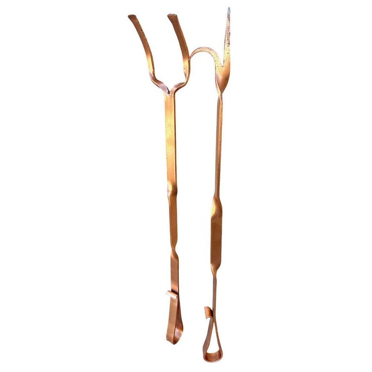 Solid Copper Art Deco Fireplace Poker and Tongs Tools