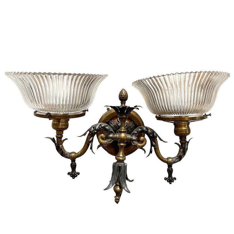 Electrified Late Victorian Baroque Brass Gas Sconces w/ Shade, Pair