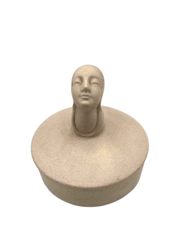 Mid-century Gray Earthenware Ceramic Vanity Powder Box w/ Female Bust Handle