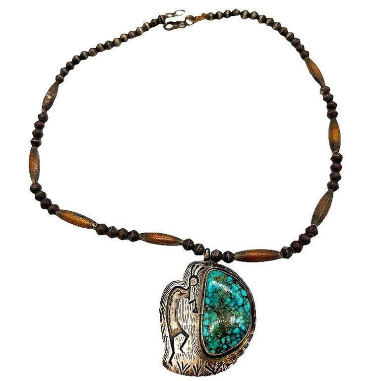 South Western Navajo Kokopelli Sterling Silver Necklace w/ Large Turquoise Stone