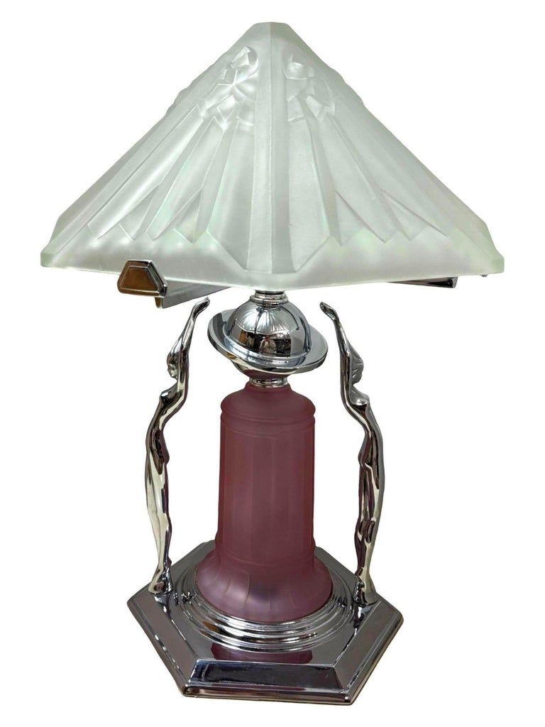 Frankart Era Art Deco Style Chrome Figural Lamp w/ Vivian Glass Shade