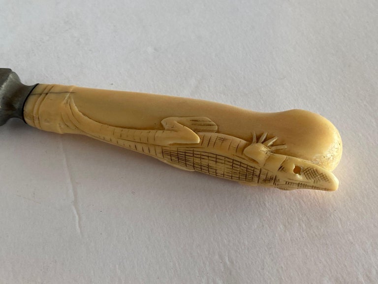 19th Century Hand-Carved Bone Alligator Handled Culinary Carving Set