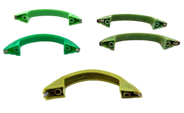 Art Deco Various Green Bakelite Drawer Pulls w/ Chrome Strip, Set of 5