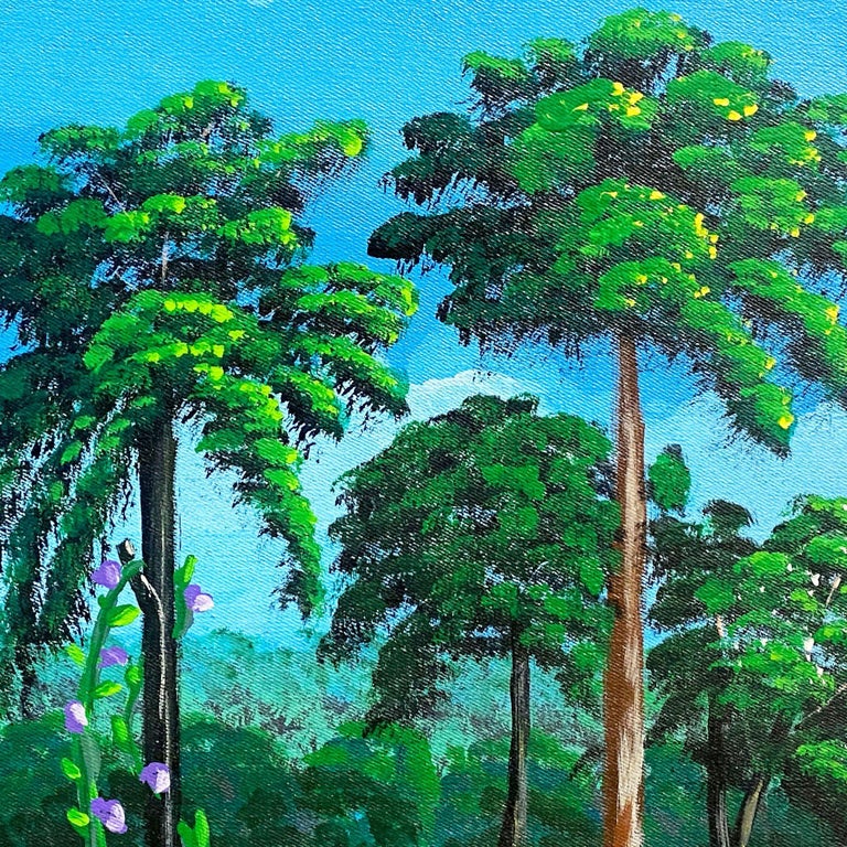 Large Tropical Hawaiian Scenic with Flamingos Oil on Canvas Signed