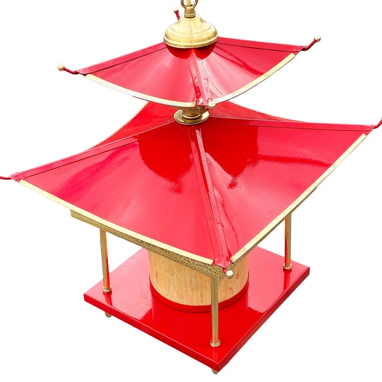 Mid-Century Pagoda Enameled Red Metal & Gold-Tone Tole Chinoiserie Chandelier