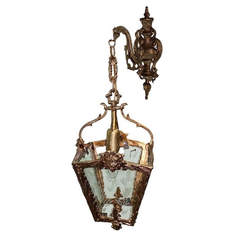 Italian Rococco Style Brass Lantern Hanging Wall Sconce w/ Etched Glass Panels