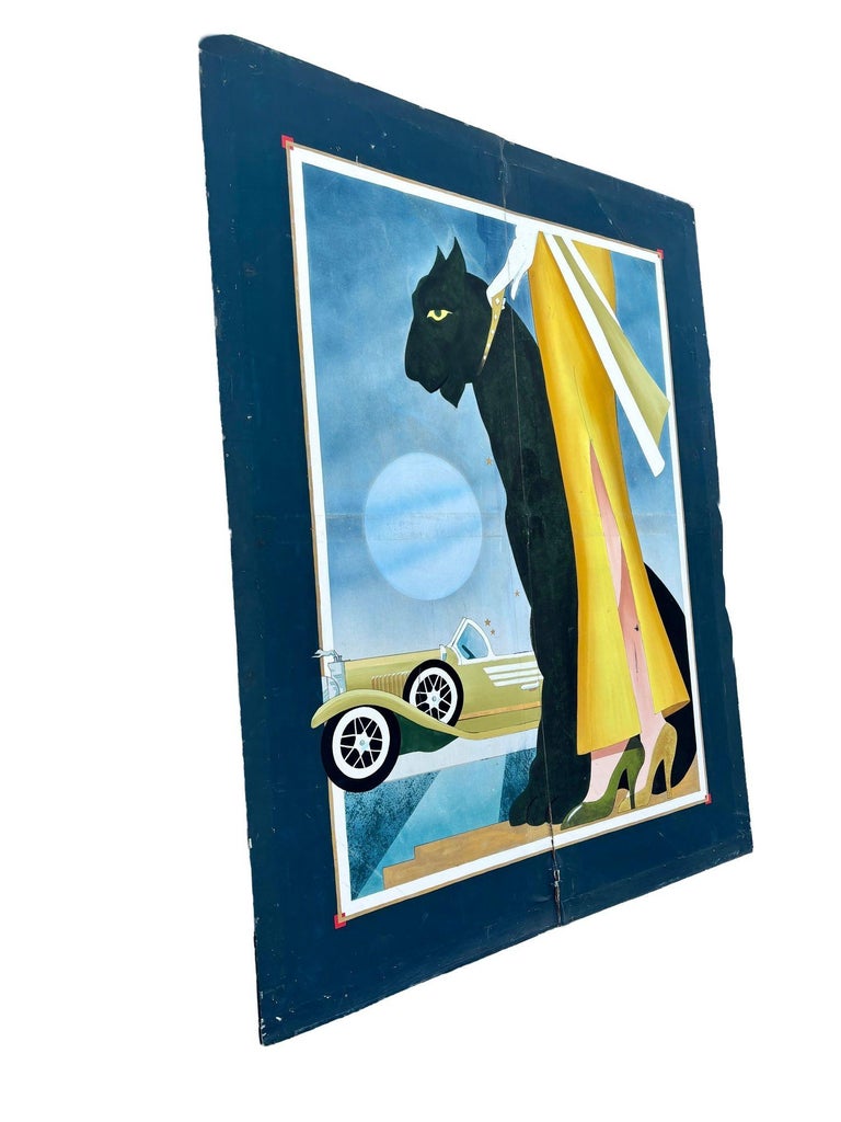 12' Foot Hand Painted Art Deco Damsel & Panther Oil on Canvas Screen