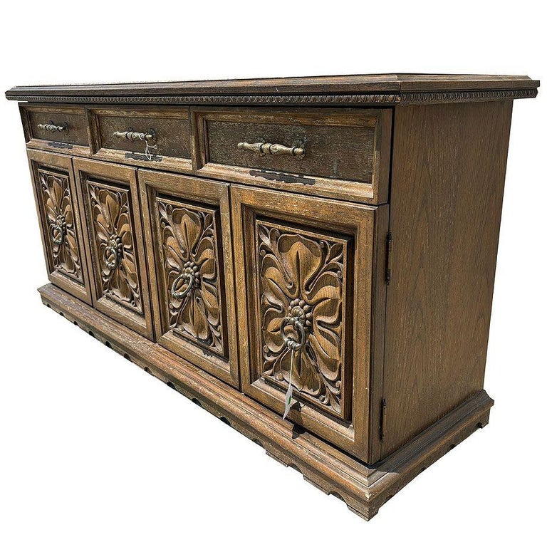 Mid Century Mediterranean Revival Carved Oakwood Buffet Cabinet