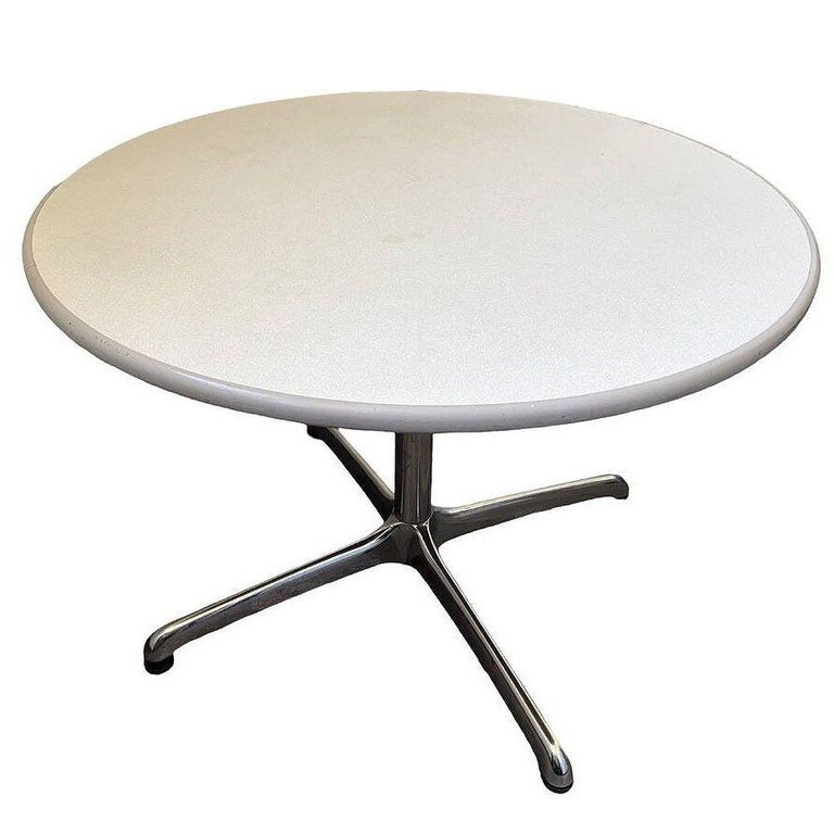 Mid-century 42″ Round Laminate Grey Dining Table w/ Chrome Base by Steelcase