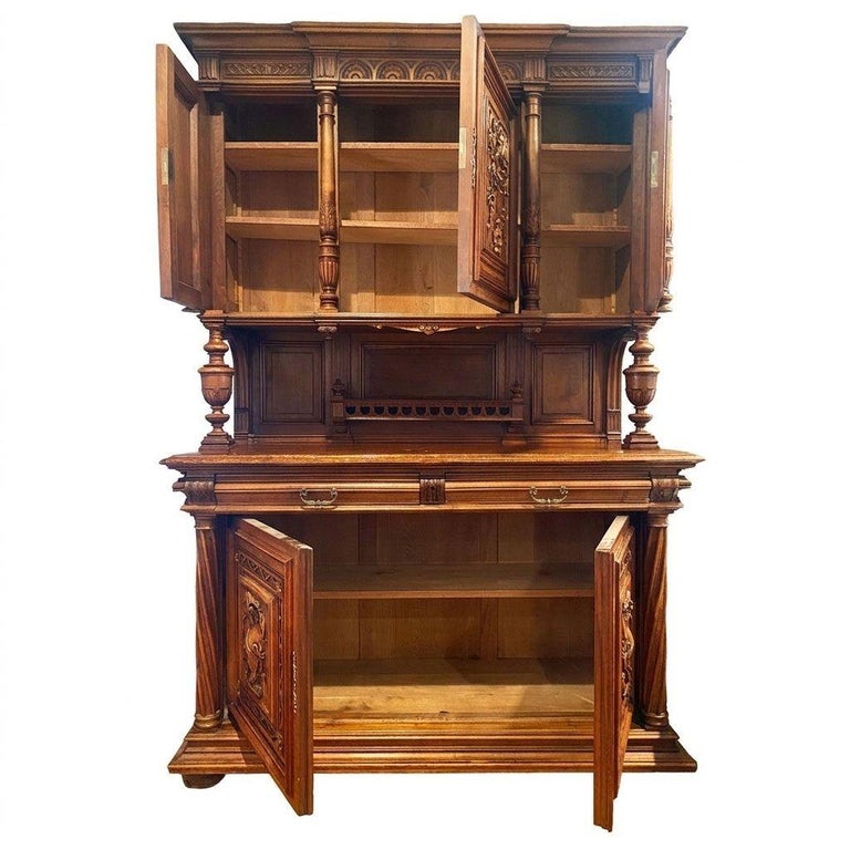19th Century French Henry II Renaissance Carved Walnut Buffet Sideboard Cabinet
