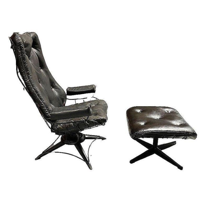 MCM Model 90 "Riviera" Swivel Springer Iron Lounge Chair w/ Ottoman by Homecrest