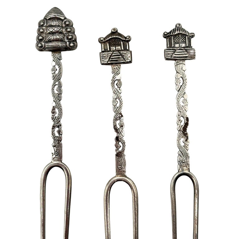 Victorian 1890 Chinese Export Silver Pickle Cocktail Fork, Set of 3
