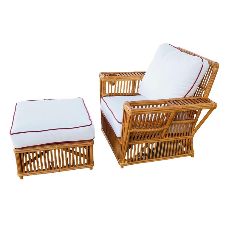 Art Deco Presidents Stick Reed Rattan Nantucket Lounge Armchair & Ottoman Set