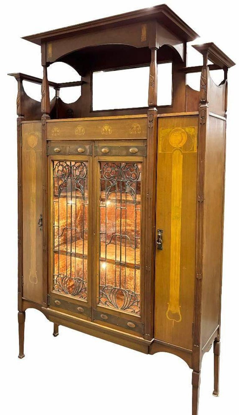 Antique Art Nouveau Mahogany and Floral Marquetry Display Cabinet