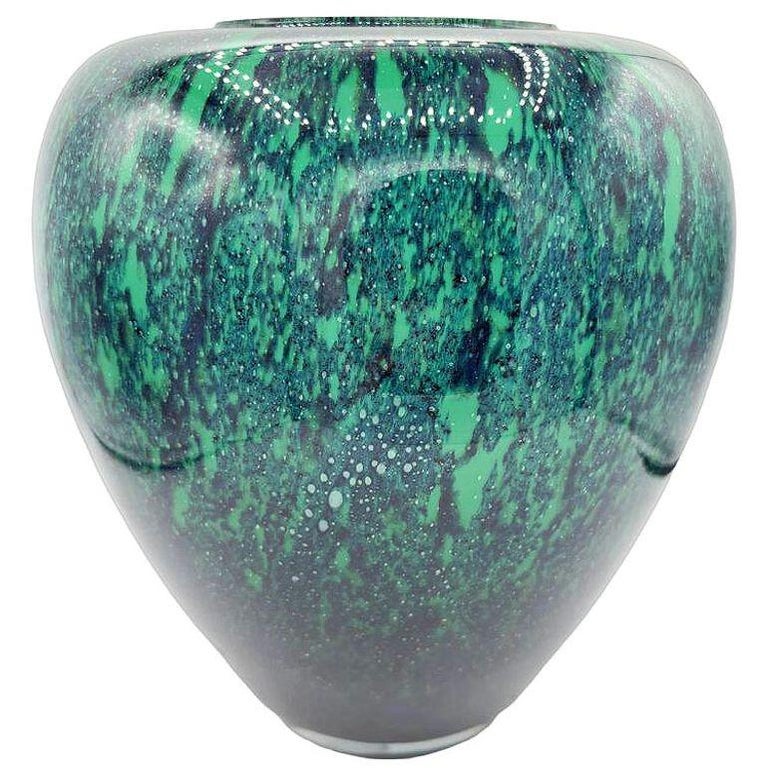 Large Hand-Blown Blue & Emerald Marbled Leaded Art Glass Vase, Unisgned