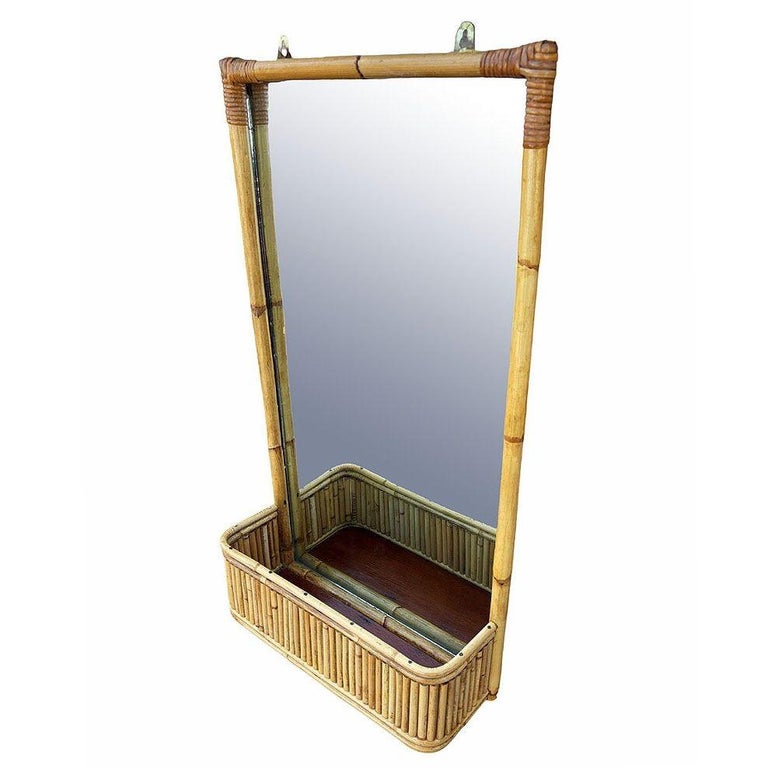 Restored Mid-century Stacked Rattan & Wicker Wall Mirror with Shelf/Planter