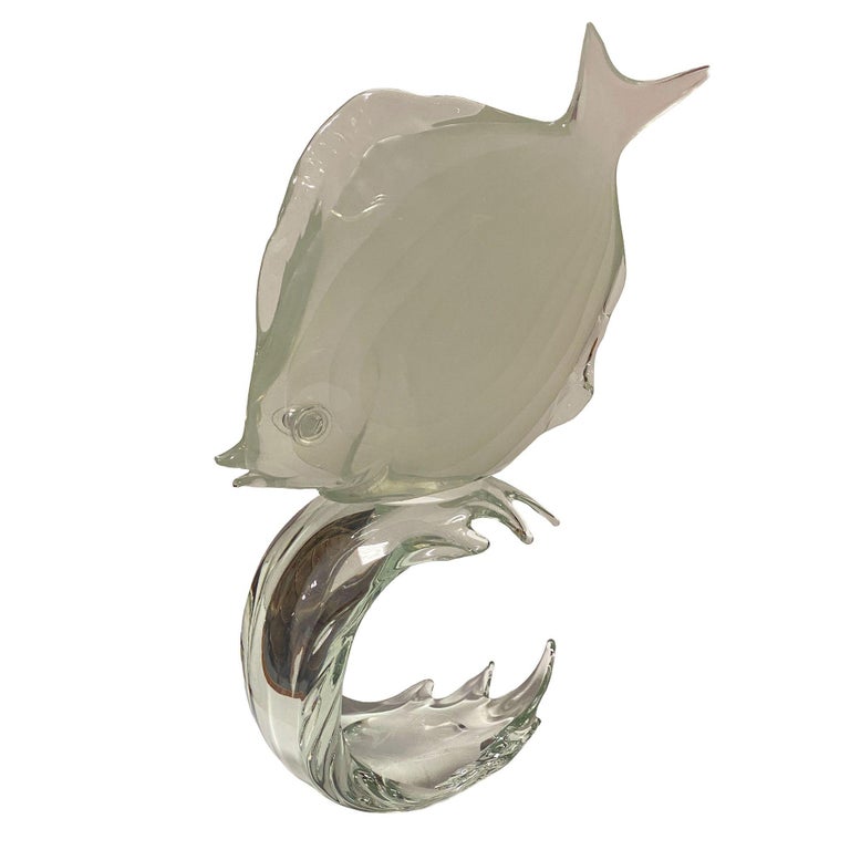 Murano Crystal Glass Angel Fish Sculture On Wave by Licio Zanetti