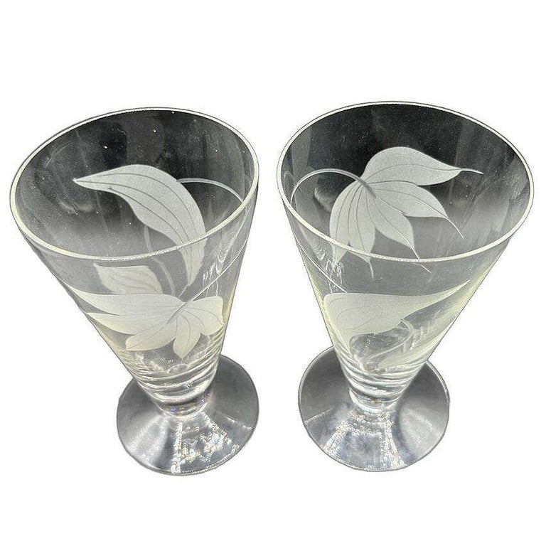 Mid-century Dorothy Thorpe Style Footed Tumbler w/ Etched Tropical Lilies, Pair