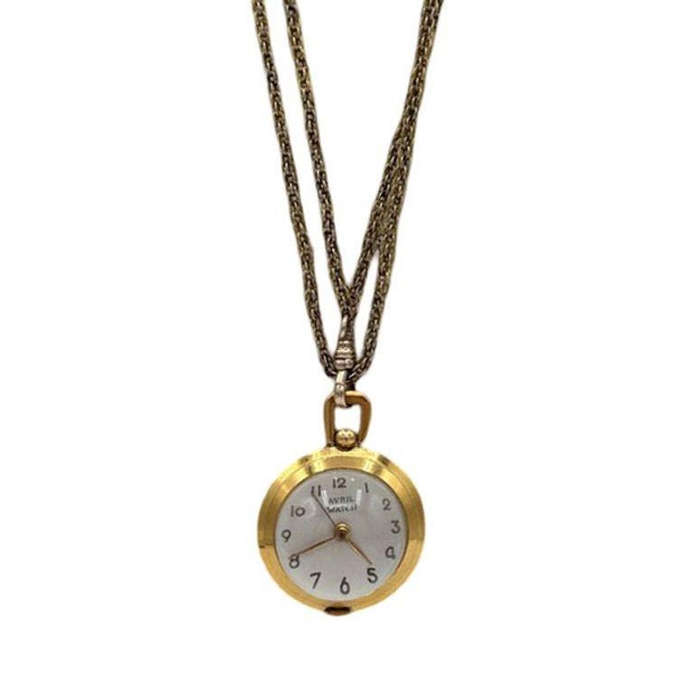 French Gold Bubble Pendant Watch w/ Skeleton View by Avril w/ 14K Gold Chain